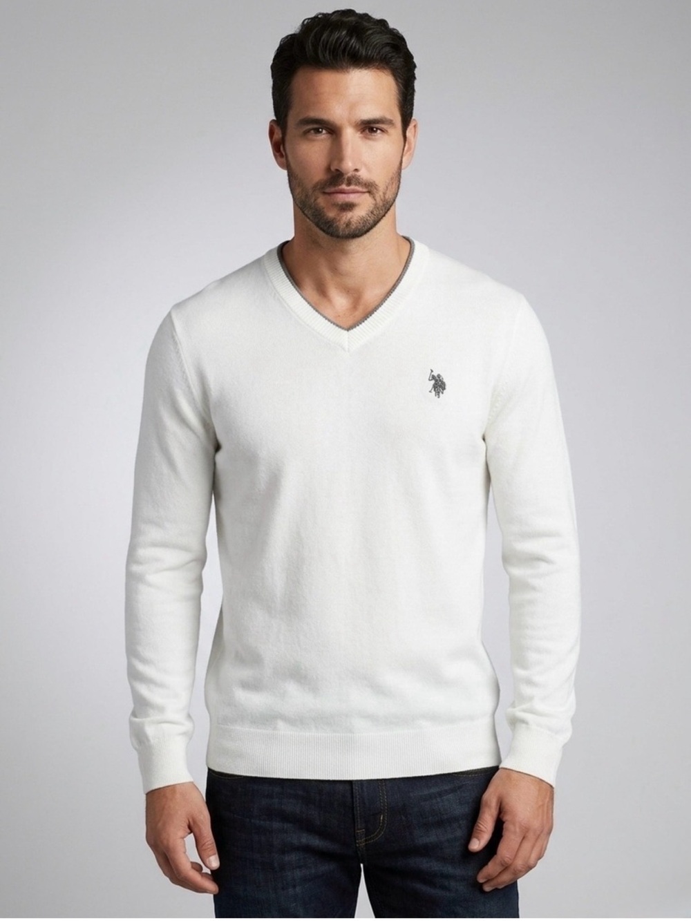 NEW US Polo Assn Lightweight Mens Sweater LARGE Pullover Ivory Long Sleeve